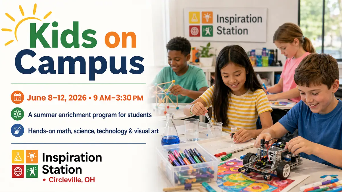 Promotional image for Kids on Campus at Inspiration Station, showing students participating in hands-on summer enrichment activities including science experiments, robotics, engineering, and visual art.