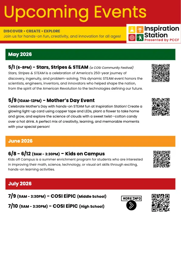 Flyer listing upcoming Inspiration Station events from May through July 2026, including Stars, Stripes & STEAM, Mother’s Day, Kids on Campus, and COSI EiPIC events.