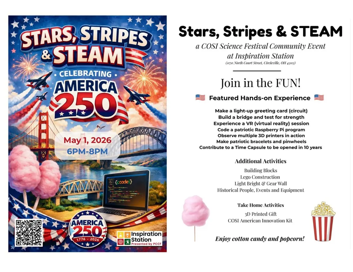 Flyer for Stars, Stripes & STEAM, a COSI Science Festival Community Event at Inspiration Station in Circleville, Ohio on May 1, 2026 from 6 PM to 8 PM, featuring hands-on STEAM activities, cotton candy, and popcorn.